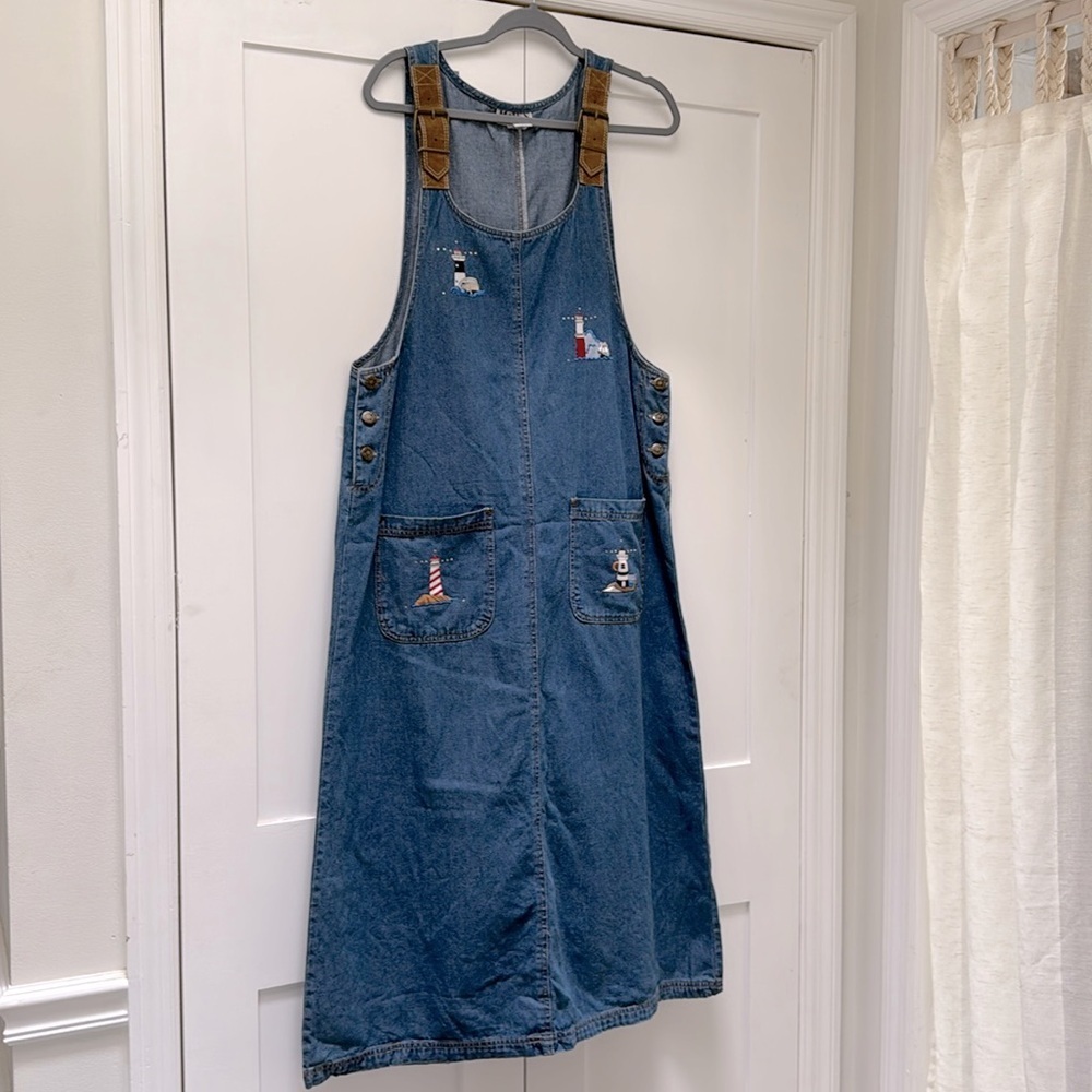 Haiks Vintage Embroidered Denim Jumper Dress‎ Nautical Lighthouse Women’s L